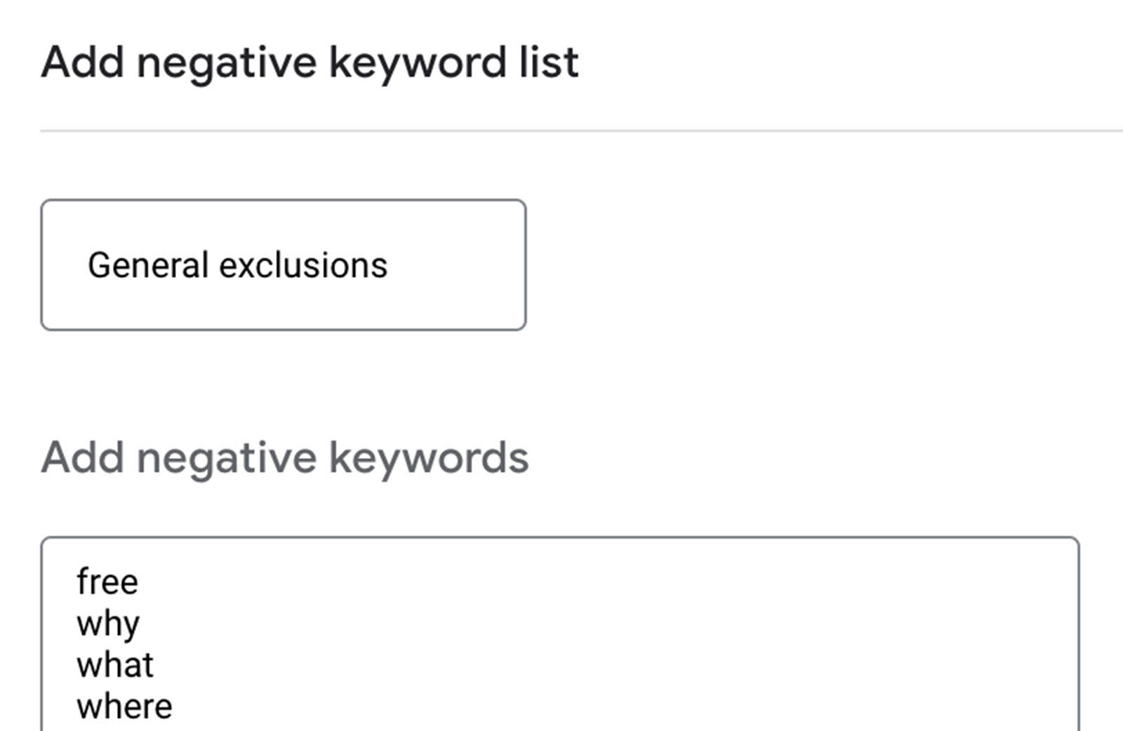 Create a negative keyword list